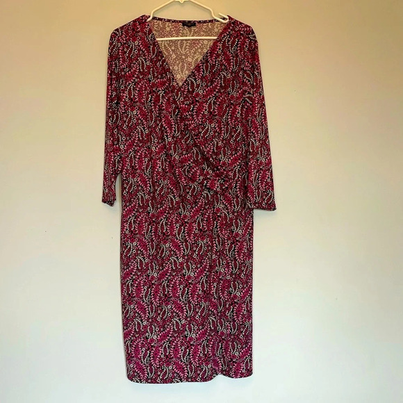 Talbots women’s size xxl dress faux wrap V-neck stretchy pink black floral midi - Picture 1 of 5